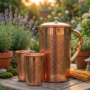 Ren kopparkanna med glas Handgraverad kopparkanna 1 l och 2 dricksglas 250 ml styck Ayurvedisk återfuktning Kopparpresentset för dricksvatten bild 16