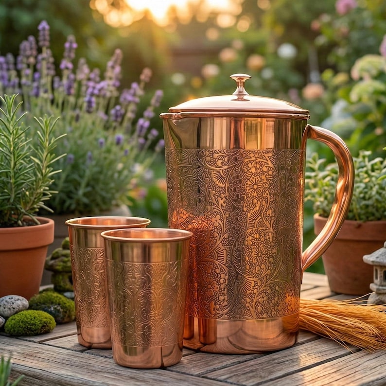 Ren kopparkanna med glas Handgraverad kopparkanna 1 l och 2 dricksglas 250 ml styck Ayurvedisk återfuktning Kopparpresentset för dricksvatten bild 16