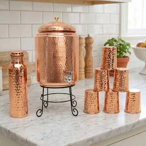 Ayurveda 100% Pure Hammered Copper Water Dispenser Set with Bottle & Glass ,Handcrafted Leak Proof Copper Bottle- Glass Set for Home-Kitchen