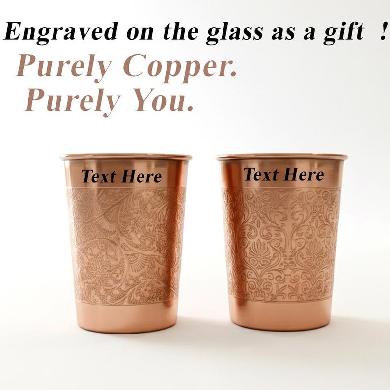 Ren kopparkanna med glas Handgraverad kopparkanna 1 l och 2 dricksglas 250 ml styck Ayurvedisk återfuktning Kopparpresentset för dricksvatten bild 5