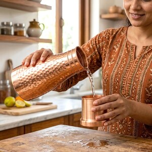 May include: A copper pitcher with a hammered texture is pouring water into a matching copper cup. The pitcher and cup are on a wooden surface. The person is wearing a patterned orange top.
