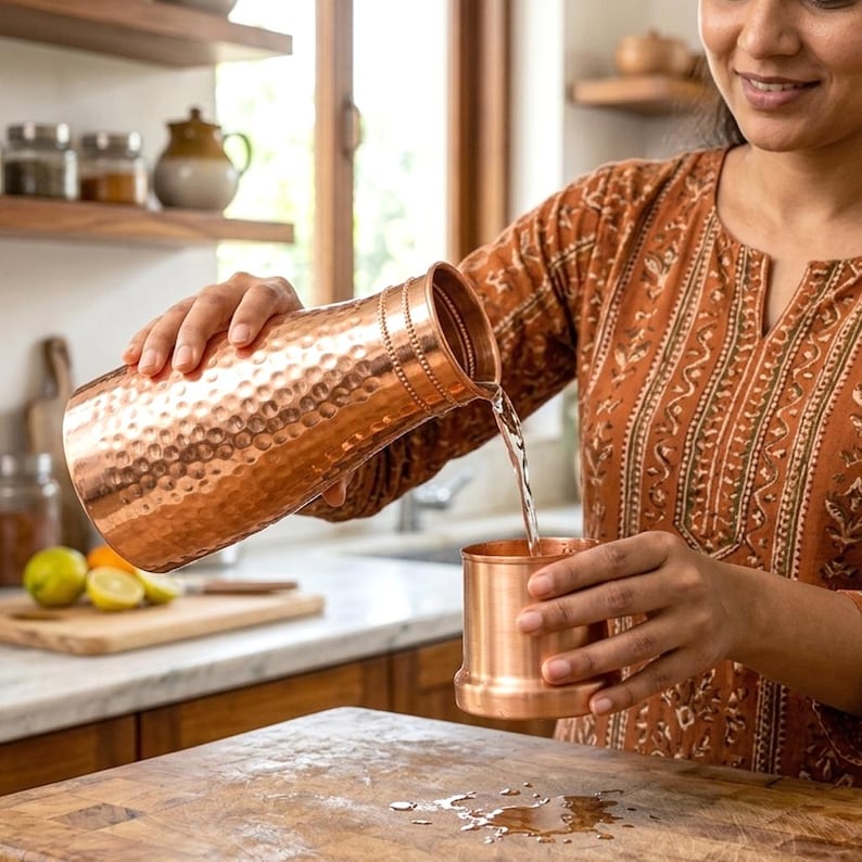 May include: A copper pitcher with a hammered texture is pouring water into a matching copper cup. The pitcher and cup are on a wooden surface. The person is wearing a patterned orange top.