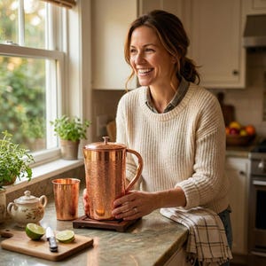 Ren kopparkanna med glas Handgraverad kopparkanna 1 l och 2 dricksglas 250 ml styck Ayurvedisk återfuktning Kopparpresentset för dricksvatten bild 18