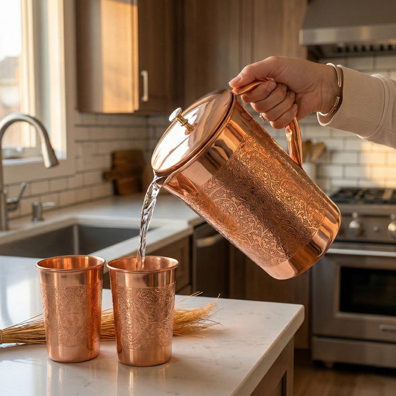 May include: A copper pitcher with an ornate floral design is pouring water into two matching copper cups. The pitcher has a lid and a handle. The cups and pitcher are on a white countertop in a kitchen setting.