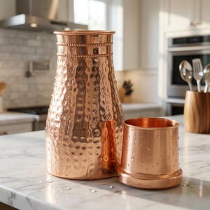 May include: A copper pitcher and matching cup sit on a marble countertop. The pitcher has a textured, hammered finish and a beaded band near the top. The cup is cylindrical with a similar finish. Both items appear to be wet.