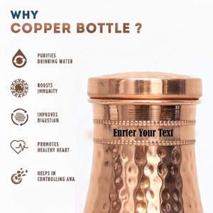 May include: A copper bottle with a hammered texture and a screw-on lid. The image includes text that reads "WHY COPPER BOTTLE?" and lists benefits such as purifying water and boosting immunity. The bottle is a warm, metallic color.