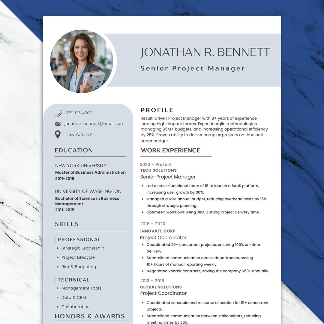 Project Manager Resume Template Canva, ATS Friendly CV, Professional PM ...