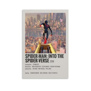May include: A poster for the animated film "Spider-Man: Into the Spider-Verse" featuring a cityscape background and a figure of Spider-Man in mid-air. The poster includes the film's title, year, runtime, director, producer, and starring actors.