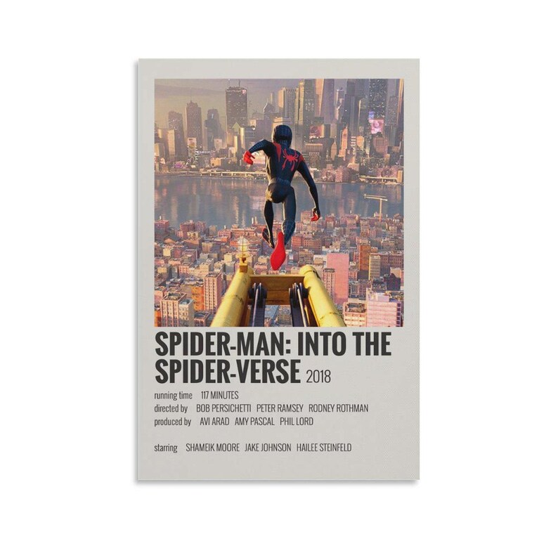 May include: A poster for the animated film "Spider-Man: Into the Spider-Verse" featuring a cityscape background and a figure of Spider-Man in mid-air. The poster includes the film's title, year, runtime, director, producer, and starring actors.