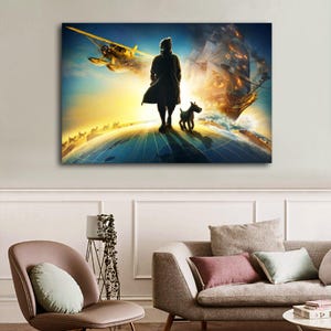 Puede incluir: Impresi&oacute;n en lienzo que representa una escena surrealista con una persona y un perro sobre un globo, frente a un barco en llamas. Un hidroavi&oacute;n amarillo vuela en el cielo. La obra de arte est&aacute; ambientada contra un atardecer vibrante.