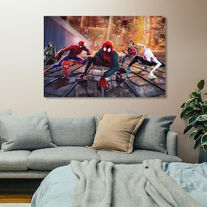 May include: A canvas print featuring multiple Spider-Man characters in action poses against a cityscape backdrop. The artwork showcases vibrant colors and dynamic compositions, with Spider-Man, Spider-Gwen, and other characters.