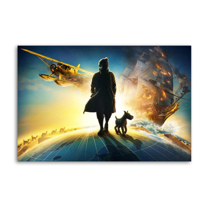 Puede incluir: Impresi&oacute;n art&iacute;stica digital que representa a una persona y un perro sobre un globo terr&aacute;queo, con un hidroavi&oacute;n amarillo y un barco en llamas. La obra tiene un tema dram&aacute;tico y aventurero.