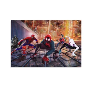 May include: A vibrant illustration featuring multiple Spider-Man characters in dynamic poses against a cityscape backdrop. The characters are in various costumes, with a focus on action and superhero themes. The color palette includes red, blue, and black.