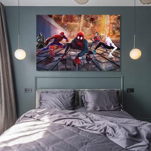 May include: A framed canvas art print featuring multiple Spider-Man characters in action against a cityscape backdrop. The artwork showcases vibrant colors and dynamic poses, perfect for a bedroom or living space.