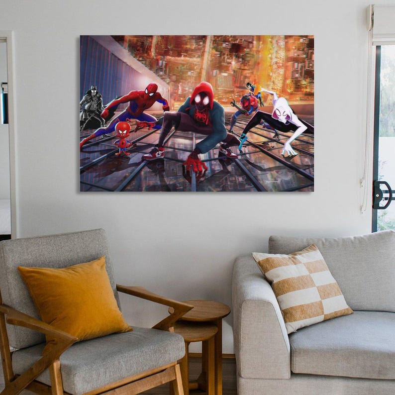 May include: A framed canvas art print featuring multiple Spider-Man characters in action poses against a cityscape backdrop. The artwork showcases vibrant colors and dynamic compositions, perfect for fans of the superhero.