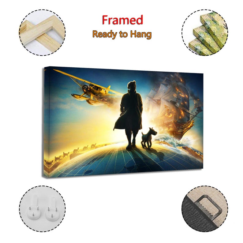 Puede incluir: Impresi&oacute;n en lienzo enmarcada que representa a una persona y un perro de pie sobre un globo, con un biplano y un barco en el fondo. La obra de arte tiene un tema de fantas&iacute;a con una vibrante paleta de colores de azules, amarillos y naranjas. Se muestra el texto "Framed Ready to Hang".