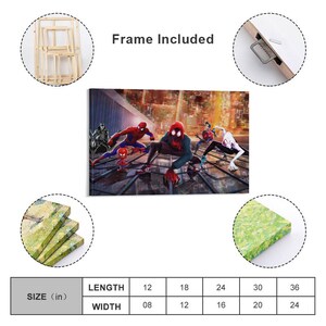 May include: Canvas wall art featuring multiple Spider-Man characters in action poses against a cityscape backdrop. The artwork includes the text "Frame Included" and size dimensions in inches.