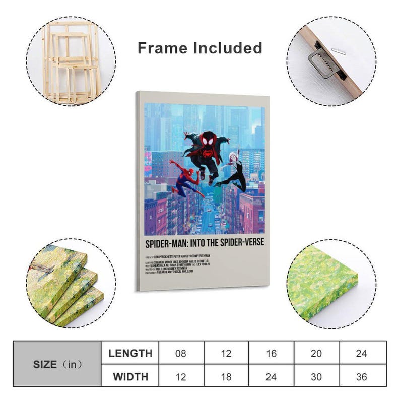 May include: A framed canvas print featuring the movie poster for "Spider-Man: Into the Spider-Verse." The artwork showcases several Spider-Man characters in action over a cityscape. The print dimensions are available in inches, with lengths from 8 to 24 inches and widths from 12 to 36 inches.