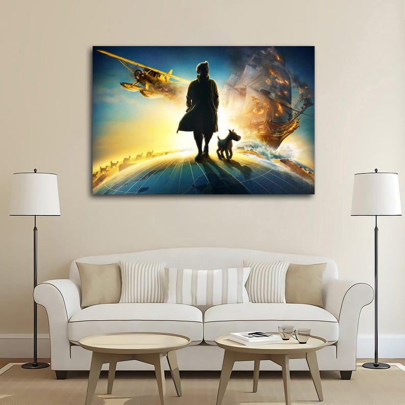 Puede incluir: Impresi&oacute;n en lienzo que representa a una persona y un perro de pie sobre un globo terr&aacute;queo, con un biplano y un barco en llamas al fondo. La obra presenta una vibrante puesta de sol y un tema fant&aacute;stico.