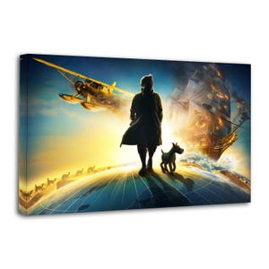 Puede incluir: Impresi&oacute;n en lienzo que representa a una persona y un perro sobre un globo terr&aacute;queo, con un biplano y un barco en llamas. La obra de arte utiliza una vibrante paleta de colores amarillo, azul y naranja. Tema de aventura.