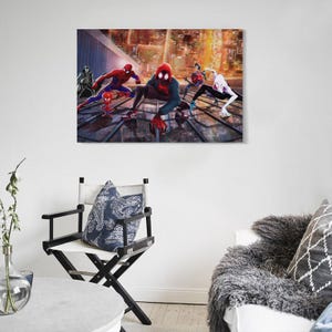 May include: A canvas print featuring multiple Spider-Man characters in action poses against a cityscape backdrop. The artwork showcases vibrant colors and dynamic compositions, with the characters in their iconic costumes.