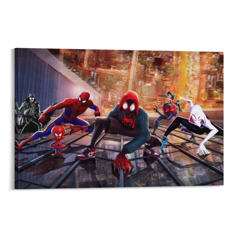 May include: A canvas print featuring multiple Spider-Man characters in action poses against a cityscape backdrop. The artwork showcases various Spider-Man iterations, including Miles Morales and Spider-Gwen, in dynamic stances.