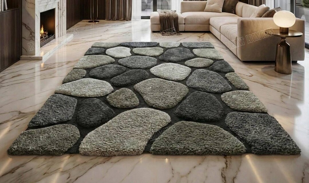 3D Pebble Stone Shaggy Area Rug | Grey Charcoal Cobblestone Textured ...