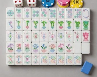 Juego de Mahjong Americano Luz de Luna – Fichas florales azul pastel, 160 piezas acrílicas, elegante para una noche de juegos en familia, regalo de lujo para los amantes del Mahjong.