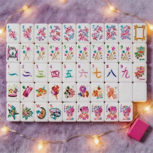 Amerikaanse mahjongset – 160 acryltegels, felroze mahjongspel, grillig bordspel met snoepthema, leuke mahjong-cadeauset