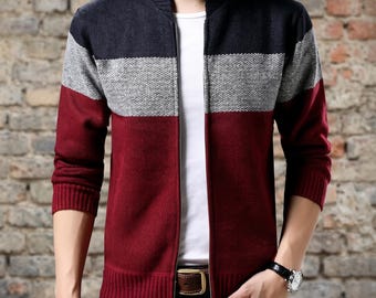 Men's Cardigan Sweater: Colorblock Knit Design, Stand Collar Winter, Casual Zip Front Jacket Outerwear