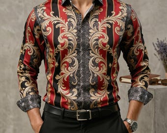 Baroque Print Shirt: Slim Fit, Gold Luxury Pattern Design, All Season, Party Wedding Shirt