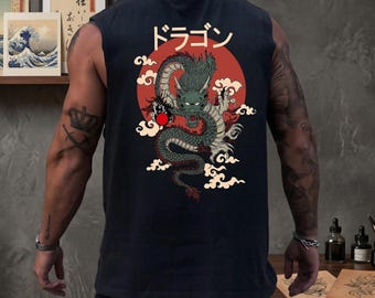 Camiseta sin mangas con diseño de dragón japonés: estilo urbano vintage, ideal para el verano.
