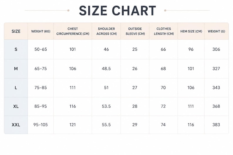 May include: A size chart with the title "SIZE CHART" at the top. The chart details sizes S to XXL, with corresponding measurements for weight in kilograms, chest circumference in centimeters, shoulder across in centimeters, outside sleeve in centimeters, clothes length in centimeters, hem size in centimeters, and weight in grams.