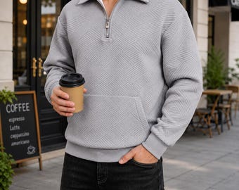 Herren Viertel Zip Sweatshirt : Strukturstrick, Stehkragen, Herbst Casual, Langarm Pullover Top