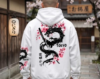 Dragon Sakura Hoodie: Japanese Streetwear Print, Tokyo Style, Oversized Warm Pullover Hoodie Top