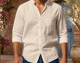 Linen Henley Shirt: Slim Fit, Solid Minimal Design, Summer Breathable, Casual Button Shirt