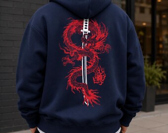 Men's Graphic Hoodie: Red Dragon Print, Sword Artwork, Winter Streetwear, Casual Pullover Sweatshirt
