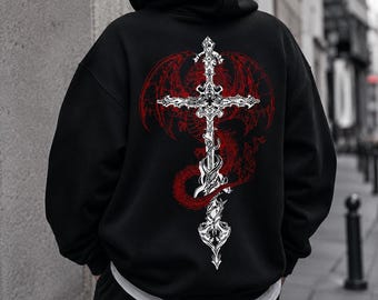 Men's Graphic Hoodie: Gothic Cross Print, Dragon Detail, Autumn Streetwear Style, Casual Pullover Sweatshirt