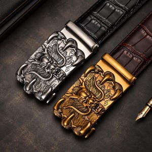 Cinturón de cuero dividido para hombre con hebilla de trinquete, hebilla automática Dragon, correa marrón o negra.