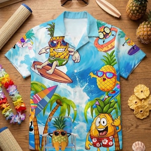 Camicia hawaiana da uomo con divertente stampa ananas, maniche corte, estiva, da spiaggia, casual, con bottoni.