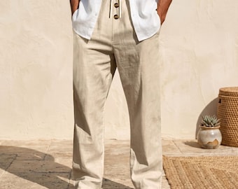 Men's Linen Pants: Breathable Cotton Blend, Relaxed Casual, Loose Fit Summer Drawstring Trousers Style