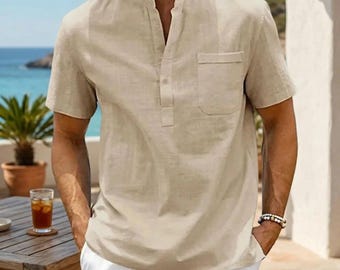Linen Henley Shirt: Slim Casual Fit, Solid Pocket Design, Summer Beach Shirt