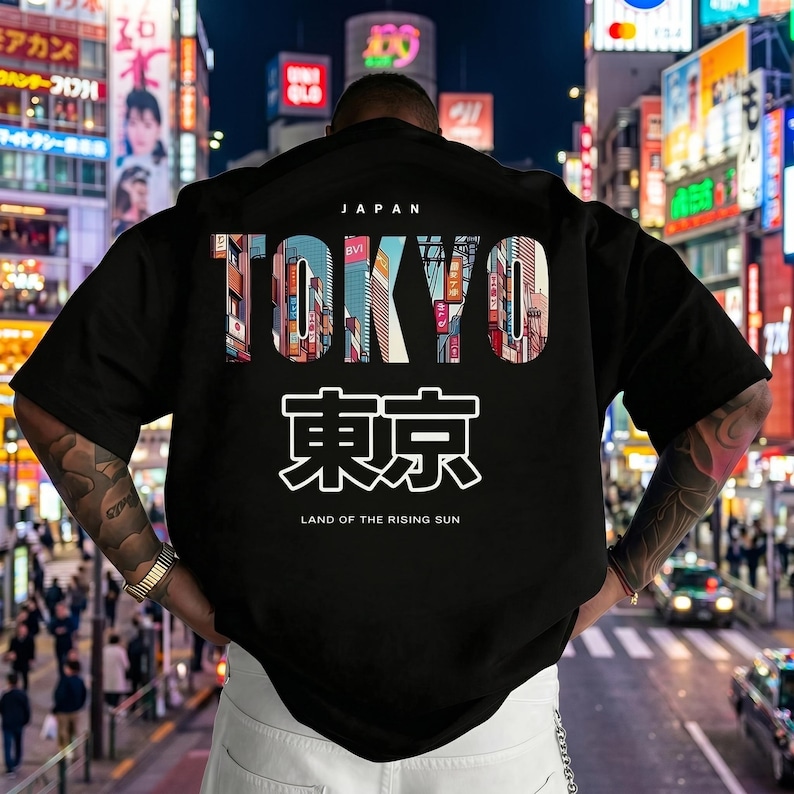 May include: Black short-sleeved shirt with the word "TOKYO" in colorful block letters across the back, with Japanese characters below. The shirt also has the text "LAND OF THE RISING SUN" at the bottom.