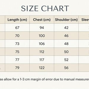 May include: A size chart with measurements in centimeters for clothing. The chart includes sizes S to XXXL, with corresponding lengths, chest, shoulder, and sleeve measurements. The text at the bottom states a 1-3 cm margin of error.