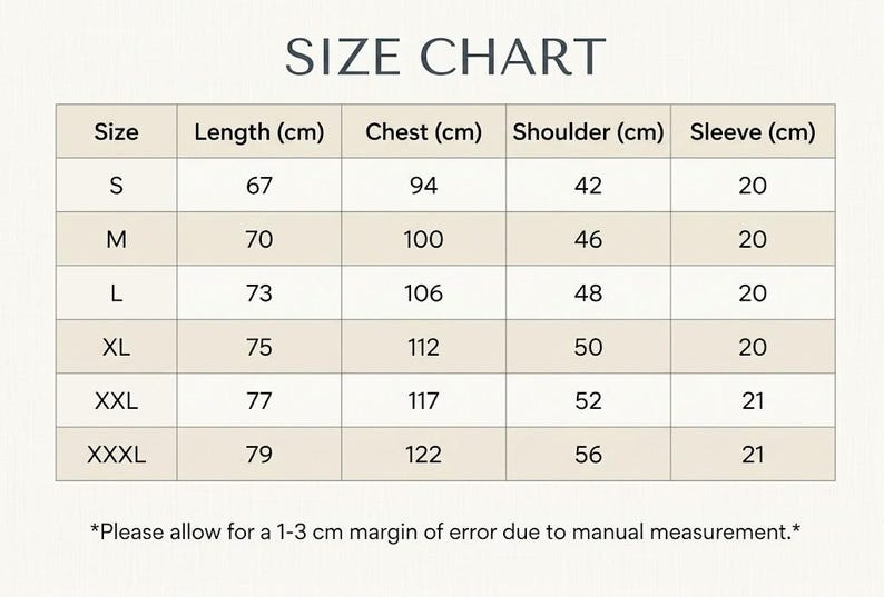 May include: A size chart with measurements in centimeters for clothing. The chart includes sizes S to XXXL, with corresponding lengths, chest, shoulder, and sleeve measurements. The text at the bottom states a 1-3 cm margin of error.