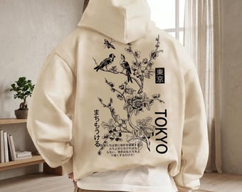 Tokyo Nature-hoodie: bloemenvogelprint, Japanse stijl, herfst/winter, oversized sweater met capuchon