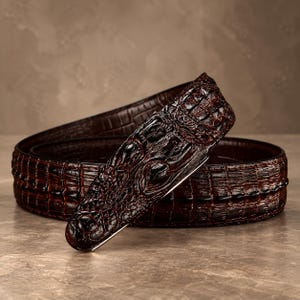 Herren-Rindsledergürtel, Reptilienschnalle, Krokodilprägung, schwarzer oder dunkelbrauner Riemen