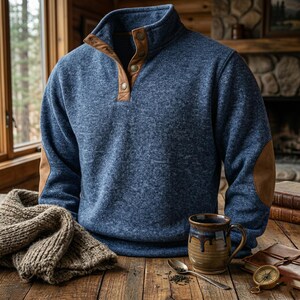May include: Blue pullover sweater with a high collar, brown leather patches on the elbows and collar, and three brown buttons. A brown knitted scarf and a ceramic mug are on a wooden table.