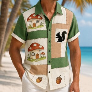 Mushroom Patchwork Shirt: Squirrel Print, Button Down, Summer Cottagecore Coastal, Casual Short Sleeve Top