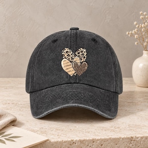 Leopard Heart Baseball Cap, Vintage Washed Dad Hat, Animal Print Casual Unisex Style